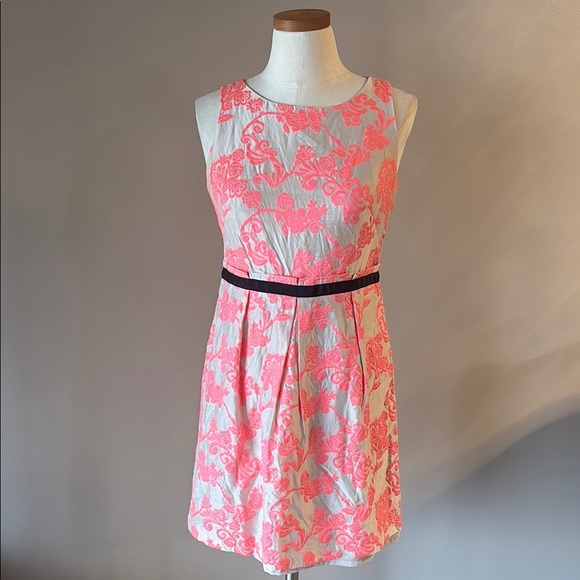 Loft petite SILK jacquard textured Sleeveless mini dress neon pink cream A line - Picture 1 of 14